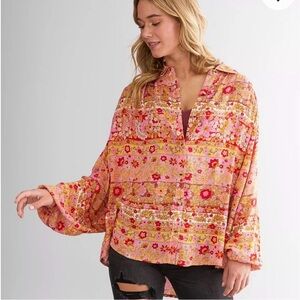 Billabong Day After Day Oversized Blouse Pink Retro Floral Patchwork Dolman